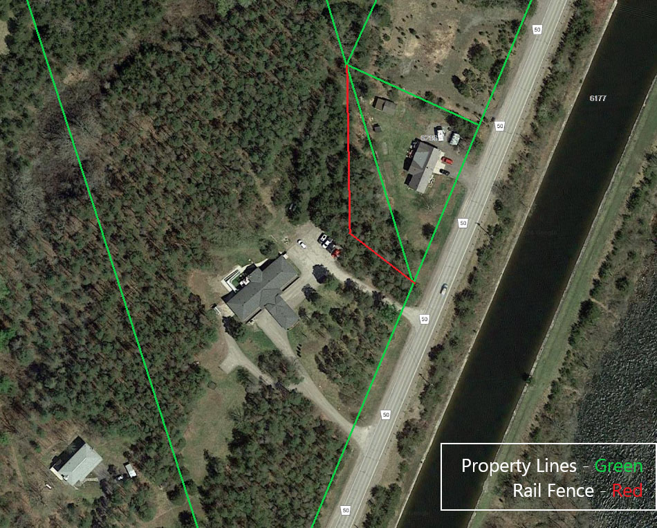 Our property lines in green showing the disputed lines in red